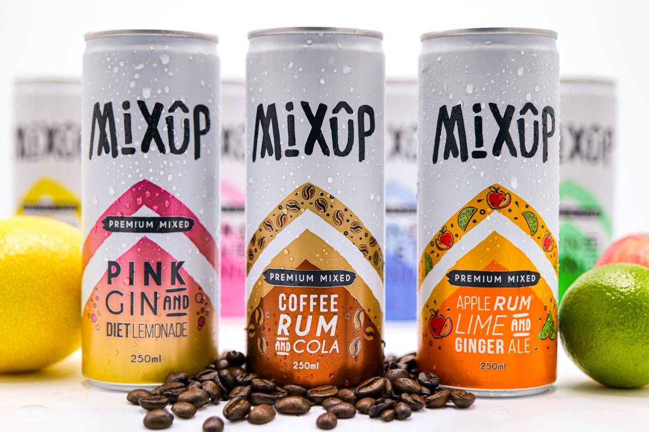 MixUp spirit and mixer cocktail can photographed for social media marketing campaign.