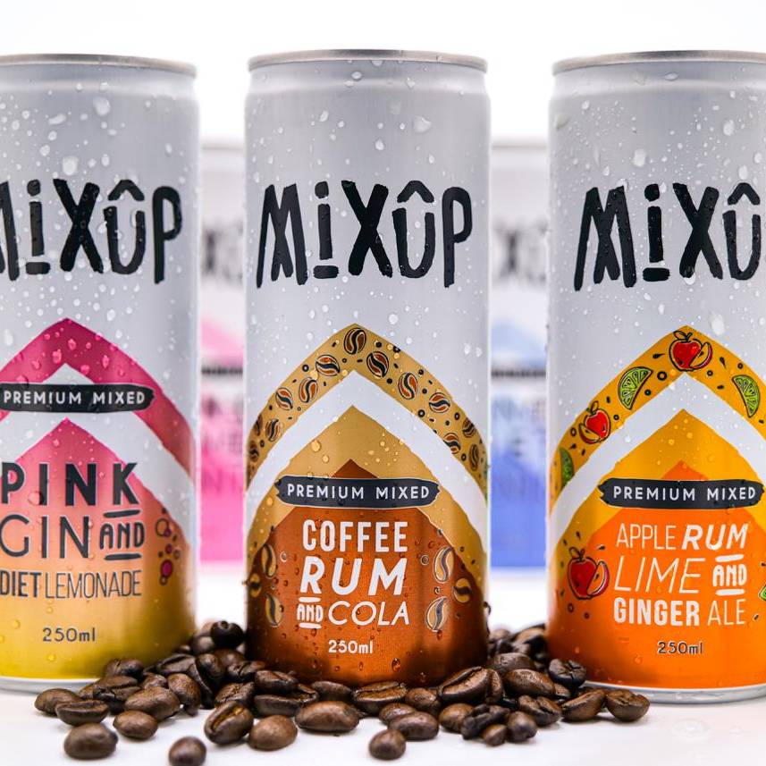 MixUp spirit and mixer cocktail can photographed for social media marketing campaign.