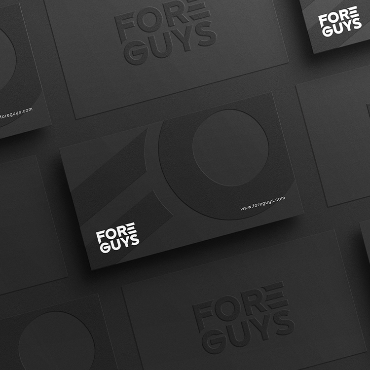 A collection of business cards designed for a sports brand called Fore Guys.