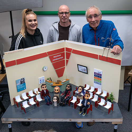 Miniature accessible waiting room set built for stop motion healthcare animation production.