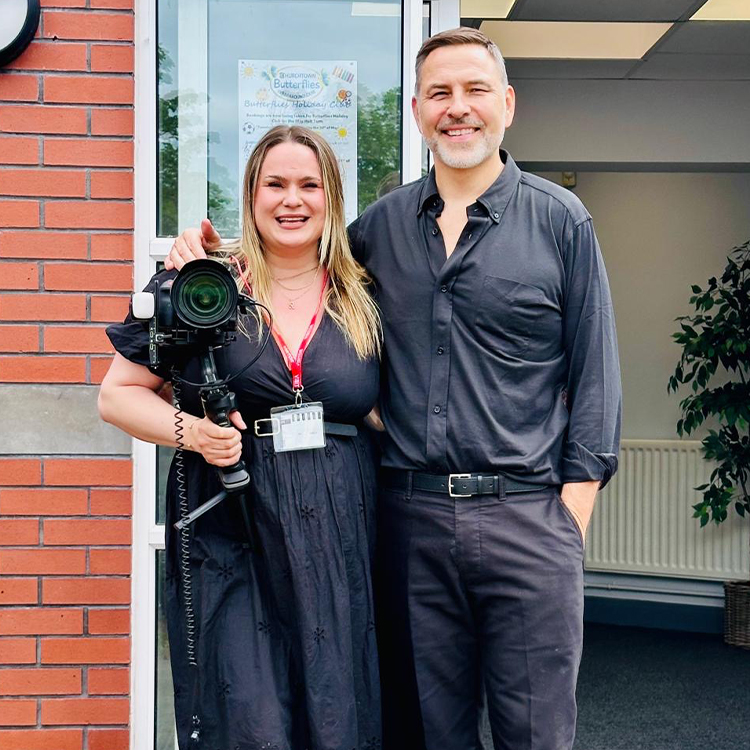 Rachel Airey and David Walliams outside Churchtown Primary School after a day filming.