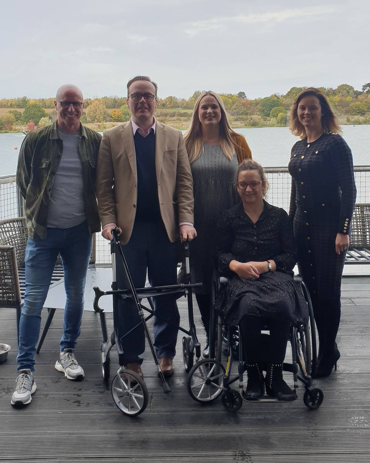 Matt Bell, Gregory Burke, Rachel Airey, Carrie-Ann Lightley and Anna Nelson pose for a photograph on a video production for AccessAble in Peterborough.
