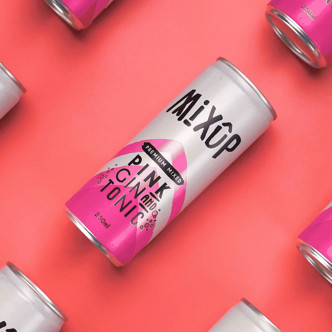 A can of mix up spins on a pink background