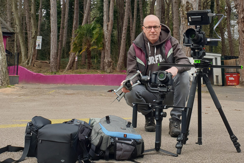 Matt Bell is photographed in Formby with a range of video cameras and drones for a video project in Liverpool.