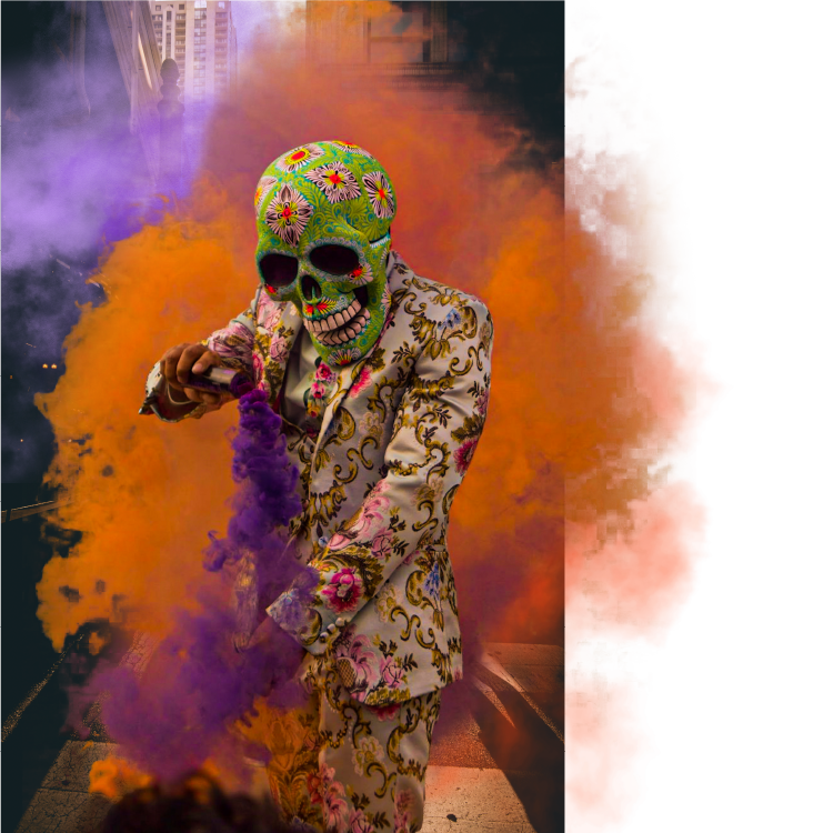 An image of a person wearing a flowery suit and a skull mask surrounded by colourful smoke. Part of a sales deck designed by Surfr graphic designers in Southport.
