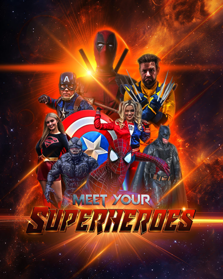 A superhero event poster designed for a retail park in Wrexham.