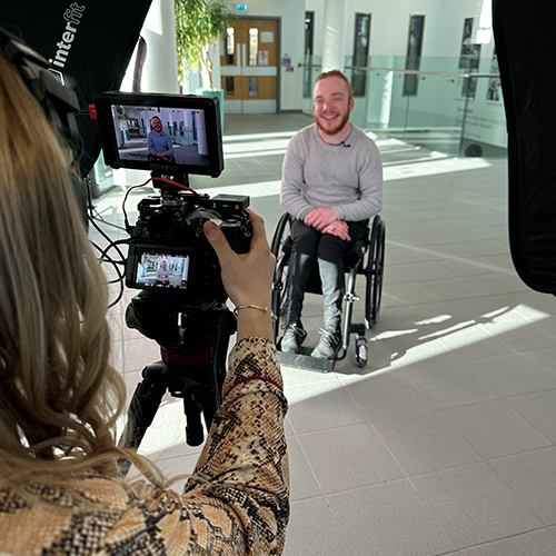 Accessibility consultant Charlie Randall is filmed for a video for Community Health Partnerships in London.