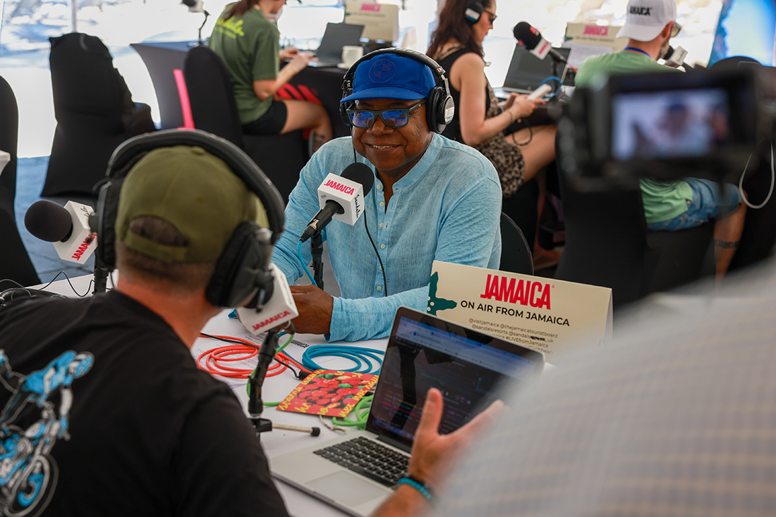 The Jamaican prime minister being interviewed by Dr Fox at the Sandals Ochi resort.